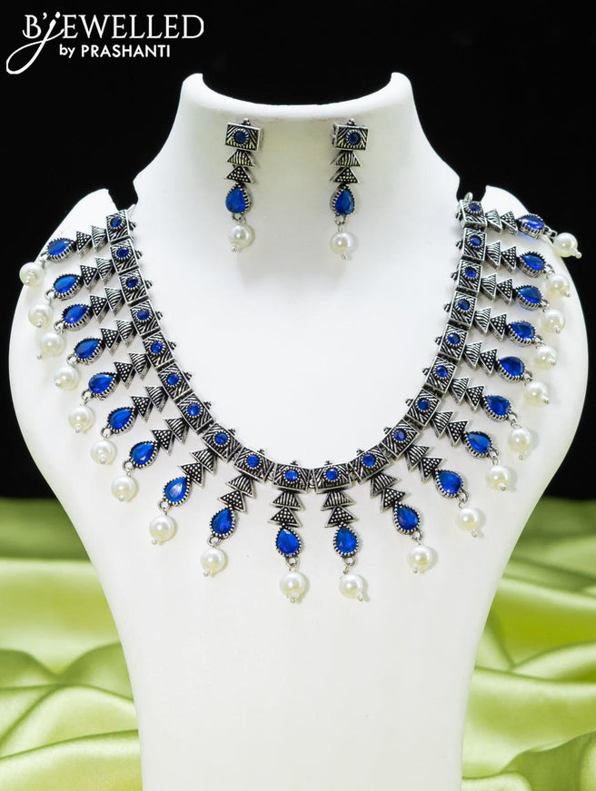 Oxidised necklace with sapphire stones and pearl hangings - {{ collection.title }} by Prashanti Sarees
