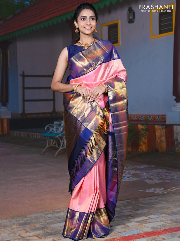 Pa - Pure kanjivaram silk saree baby pink and navy blue with zari woven peacock design buttas and elephant & peacock zari woven korvai border - {{ collection.title }} by Prashanti Sarees