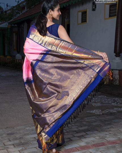 Pa - Pure kanjivaram silk saree baby pink and navy blue with zari woven peacock design buttas and elephant & peacock zari woven korvai border - {{ collection.title }} by Prashanti Sarees