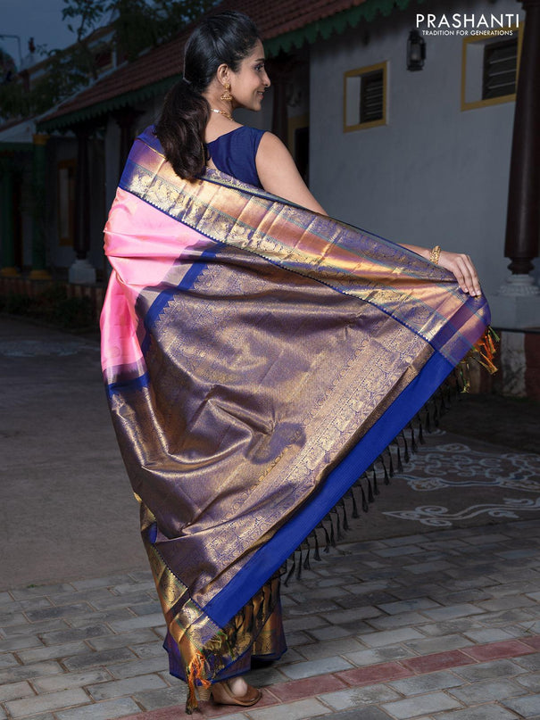 Pa - Pure kanjivaram silk saree baby pink and navy blue with zari woven peacock design buttas and elephant & peacock zari woven korvai border - {{ collection.title }} by Prashanti Sarees
