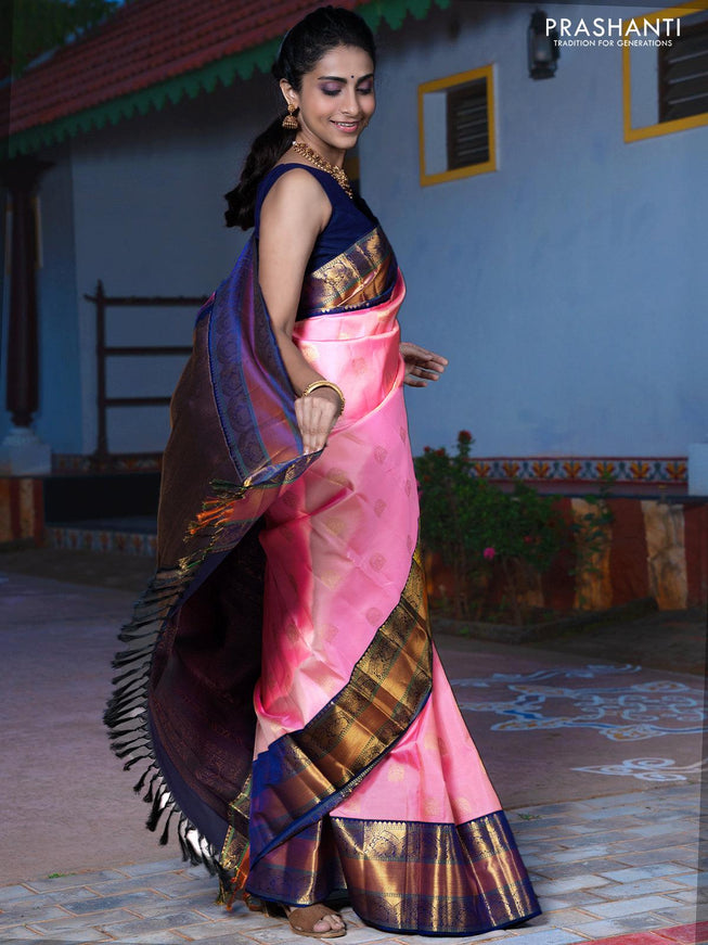 Pa - Pure kanjivaram silk saree baby pink and navy blue with zari woven peacock design buttas and elephant & peacock zari woven korvai border - {{ collection.title }} by Prashanti Sarees