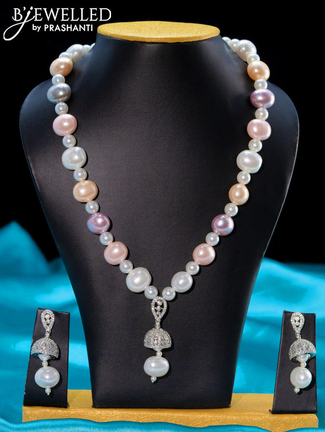 Pearl and multicolour necklace with cz stone pendant - {{ collection.title }} by Prashanti Sarees