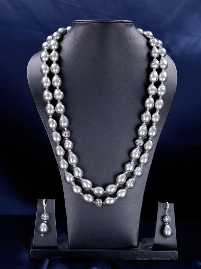 Pearl grey mala double layer with earrings - {{ collection.title }} by Prashanti Sarees