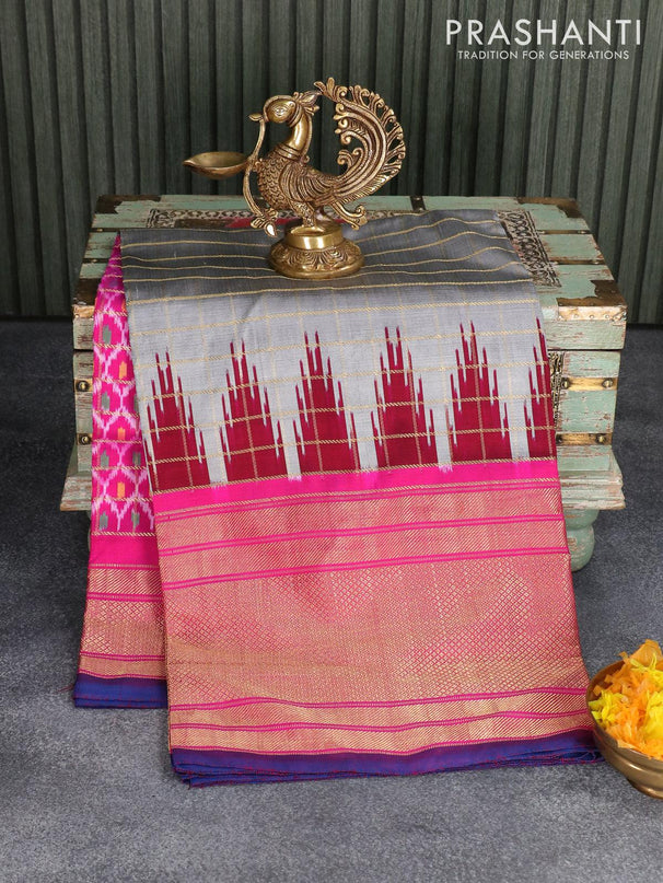 Pochampally silk saree grey and pink with allover zari checks and long zari woven border - {{ collection.title }} by Prashanti Sarees