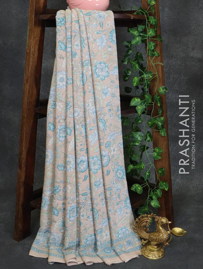Printed crepe silk saree beige with allover floral prints and printed border - {{ collection.title }} by Prashanti Sarees