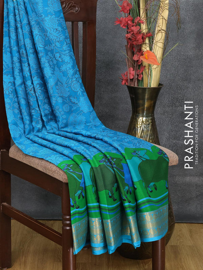 Printed crepe silk saree blue and green with allover pichwai prints and zari woven border - {{ collection.title }} by Prashanti Sarees