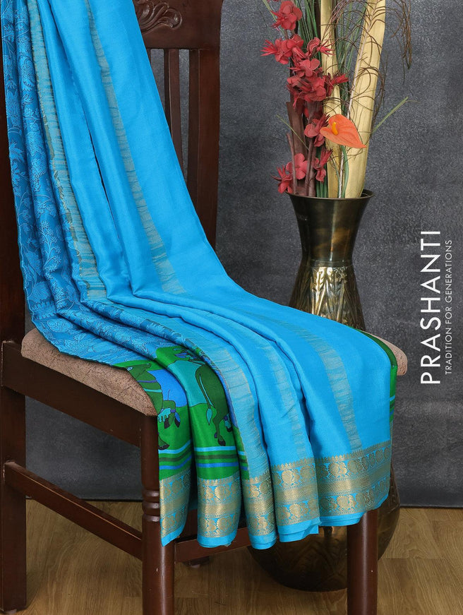 Printed crepe silk saree blue and green with allover pichwai prints and zari woven border - {{ collection.title }} by Prashanti Sarees