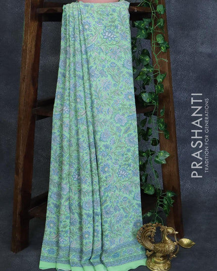 Printed crepe silk saree green shade with allover floral prints and printed border - {{ collection.title }} by Prashanti Sarees