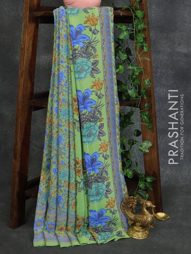 Printed crepe silk saree green shade with allover floral prints and printed border - {{ collection.title }} by Prashanti Sarees