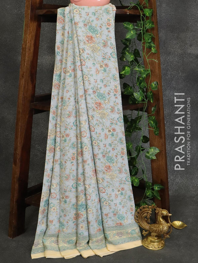 Printed crepe silk saree grey and sandal with allover floral prints and printed border - {{ collection.title }} by Prashanti Sarees