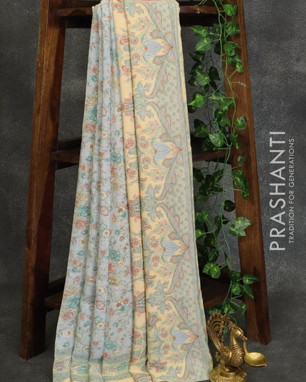 Printed crepe silk saree grey and sandal with allover floral prints and printed border - {{ collection.title }} by Prashanti Sarees