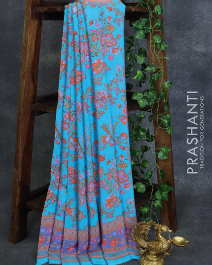 Printed crepe silk saree light blue with allover floral prints and printed border - {{ collection.title }} by Prashanti Sarees