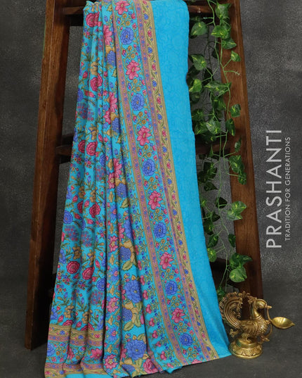 Printed crepe silk saree light blue with allover floral prints and printed border - {{ collection.title }} by Prashanti Sarees