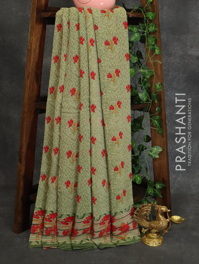 Printed crepe silk saree olive green with allover floral prints and printed border - {{ collection.title }} by Prashanti Sarees
