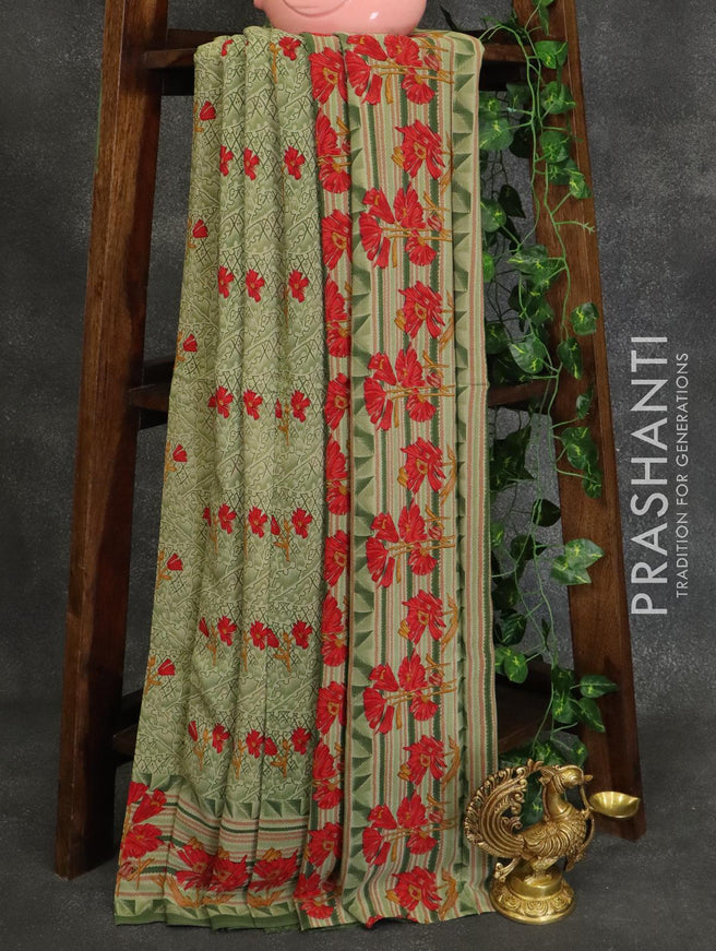 Printed crepe silk saree olive green with allover floral prints and printed border - {{ collection.title }} by Prashanti Sarees
