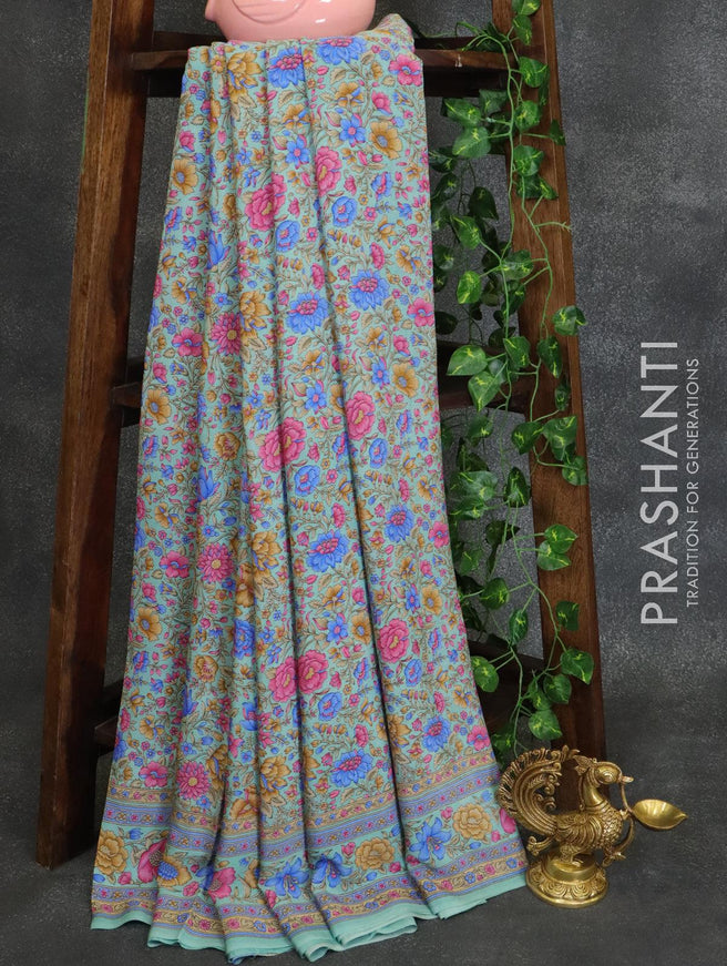 Printed crepe silk saree pastel green with allover floral prints and printed border - {{ collection.title }} by Prashanti Sarees