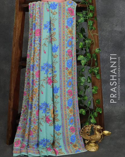 Printed crepe silk saree pastel green with allover floral prints and printed border - {{ collection.title }} by Prashanti Sarees