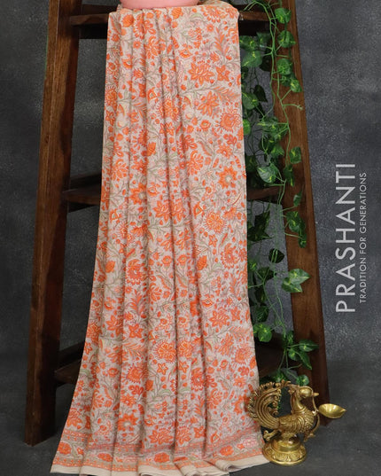Printed crepe silk saree pastel grey and orange with allover floral prints and printed border - {{ collection.title }} by Prashanti Sarees