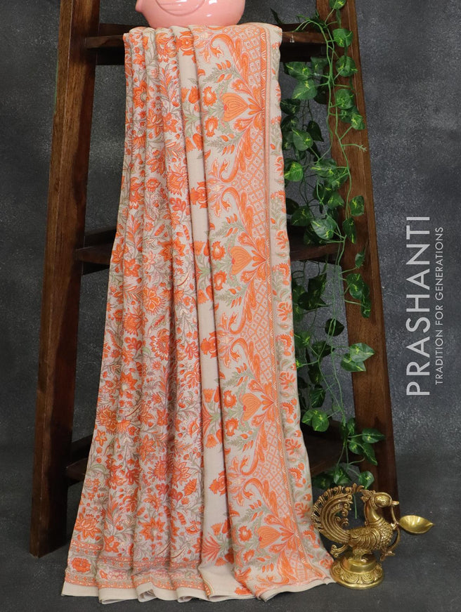 Printed crepe silk saree pastel grey and orange with allover floral prints and printed border - {{ collection.title }} by Prashanti Sarees