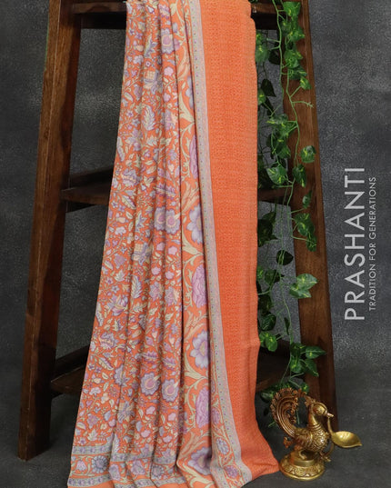 Printed crepe silk saree peach orange with allover floral prints and printed border - {{ collection.title }} by Prashanti Sarees