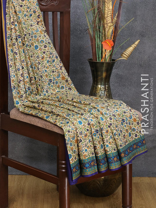 Printed silk saree cream and blue with allover floral prints and printed border - {{ collection.title }} by Prashanti Sarees