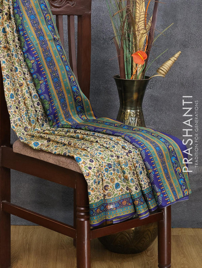 Printed silk saree cream and blue with allover floral prints and printed border - {{ collection.title }} by Prashanti Sarees