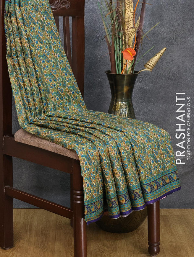 Printed silk saree cream and blue with paisley prints and printed border - {{ collection.title }} by Prashanti Sarees