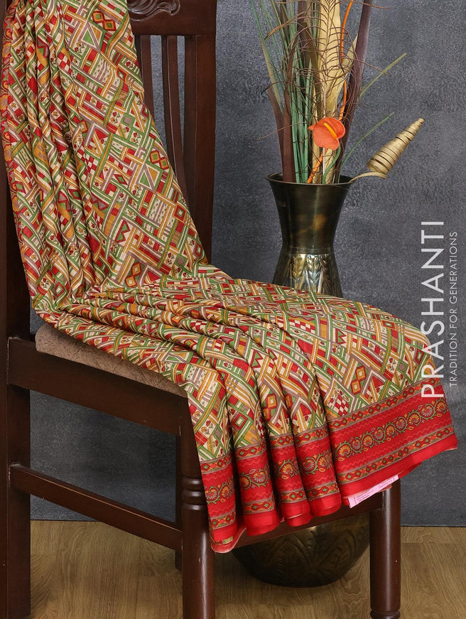 Printed silk saree cream and red with allover geometric prints and printed border - {{ collection.title }} by Prashanti Sarees
