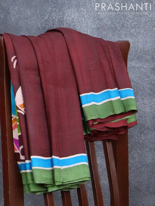 Printed silk saree maroon and green with musical instruments prints and simple border - {{ collection.title }} by Prashanti Sarees