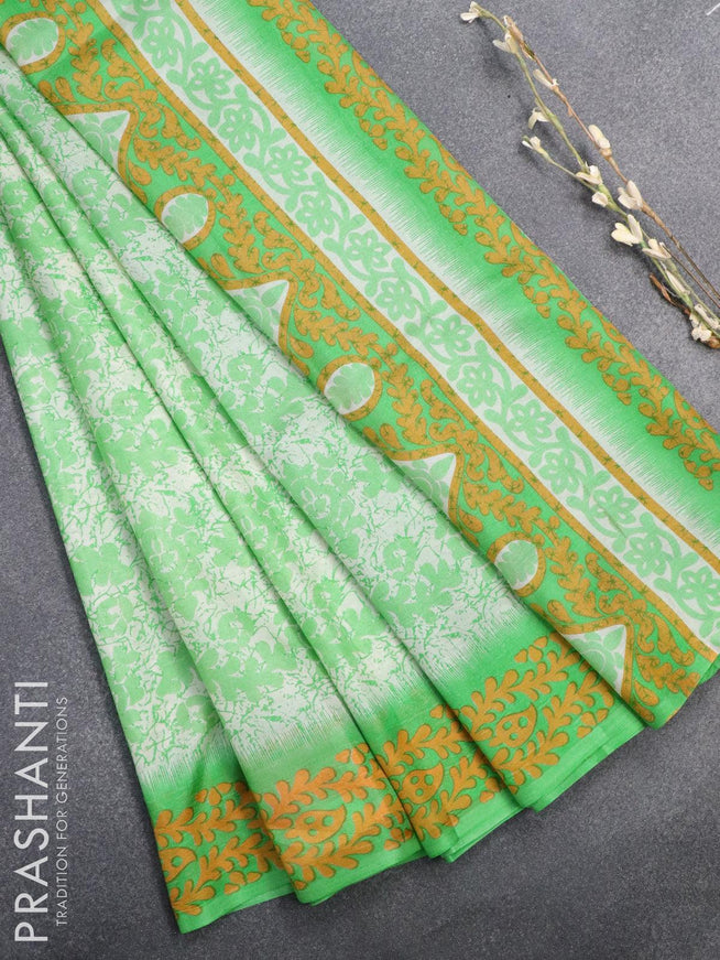 Printed silk saree off white and green shade with allover prints and printed border - {{ collection.title }} by Prashanti Sarees