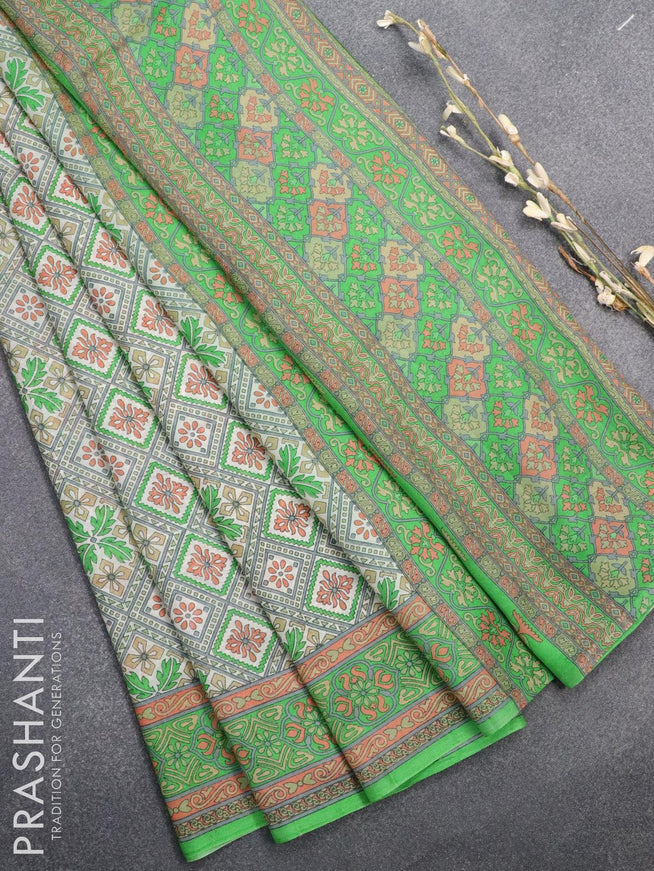 Printed silk saree off white and green with allover geometric prints and printed border - {{ collection.title }} by Prashanti Sarees