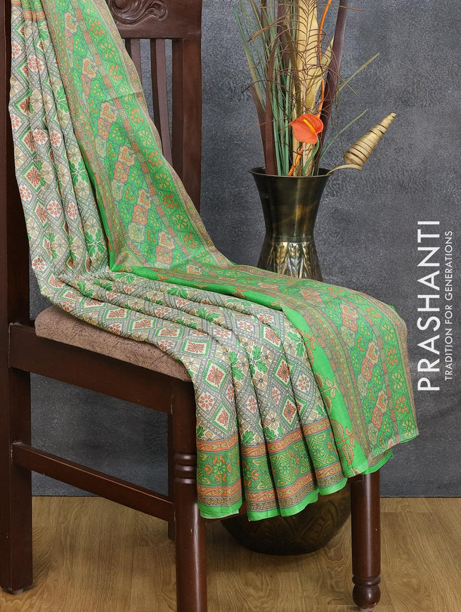 Printed silk saree off white and green with allover geometric prints and printed border - {{ collection.title }} by Prashanti Sarees