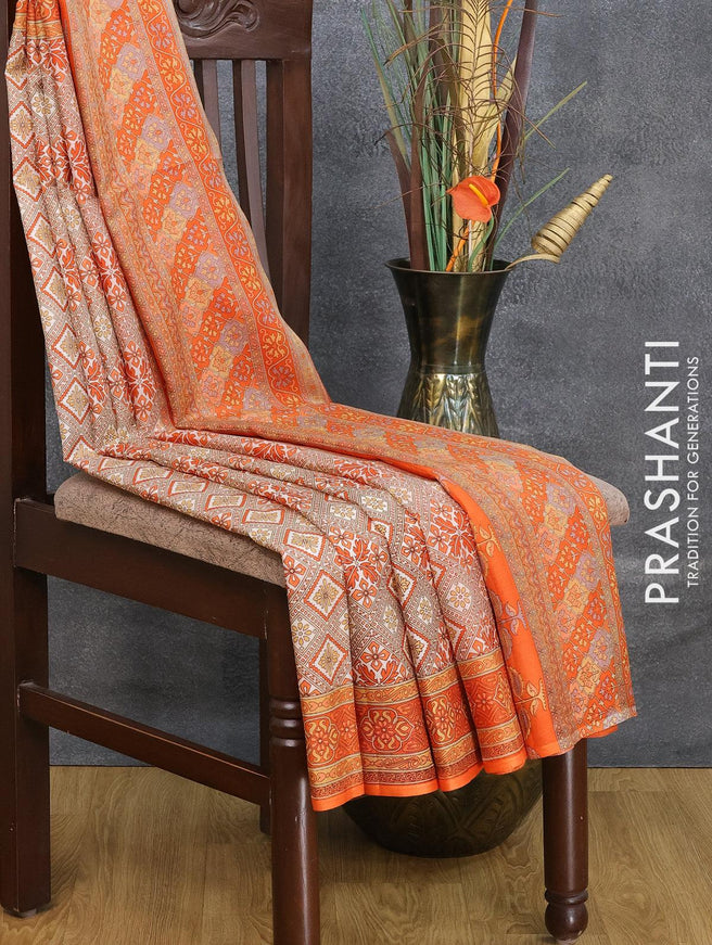 Printed silk saree off white and orange with allover geometric prints and printed border - {{ collection.title }} by Prashanti Sarees