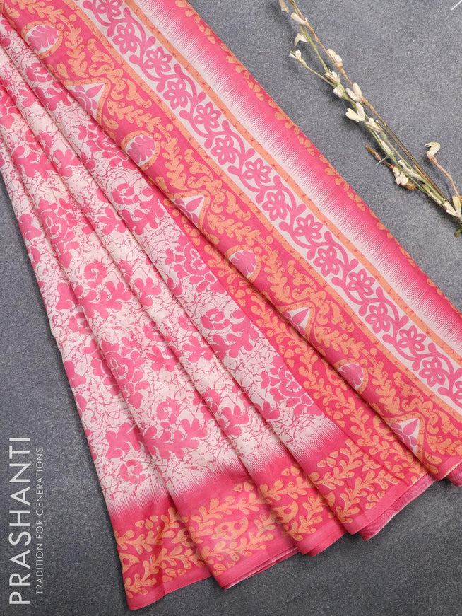 Printed silk saree off white and pink with allover prints and printed border - {{ collection.title }} by Prashanti Sarees