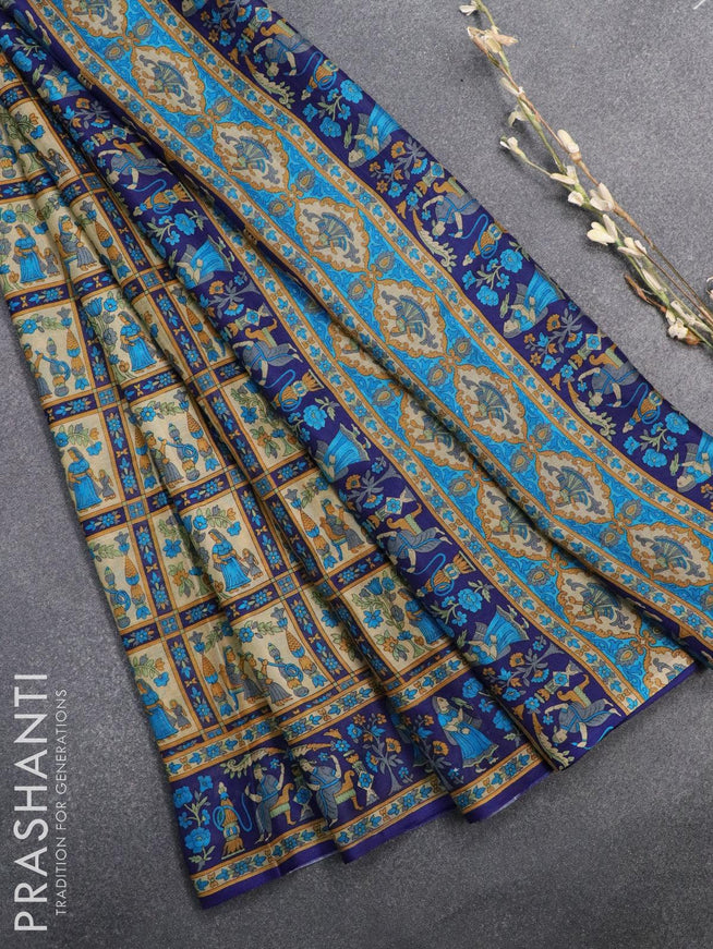 Printed silk saree sandal and blue with allover prints and printed border - {{ collection.title }} by Prashanti Sarees
