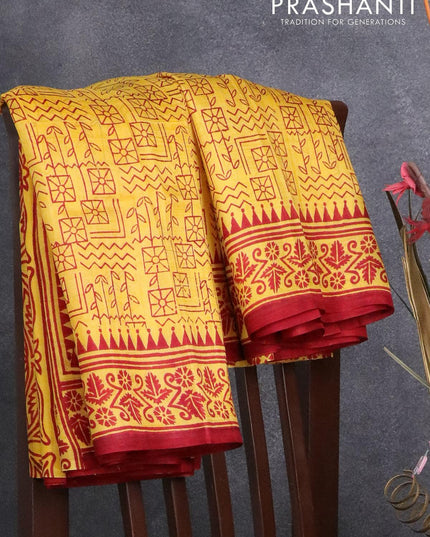 Printed silk saree yellow and maroon with allover geometric prints and printed border - {{ collection.title }} by Prashanti Sarees