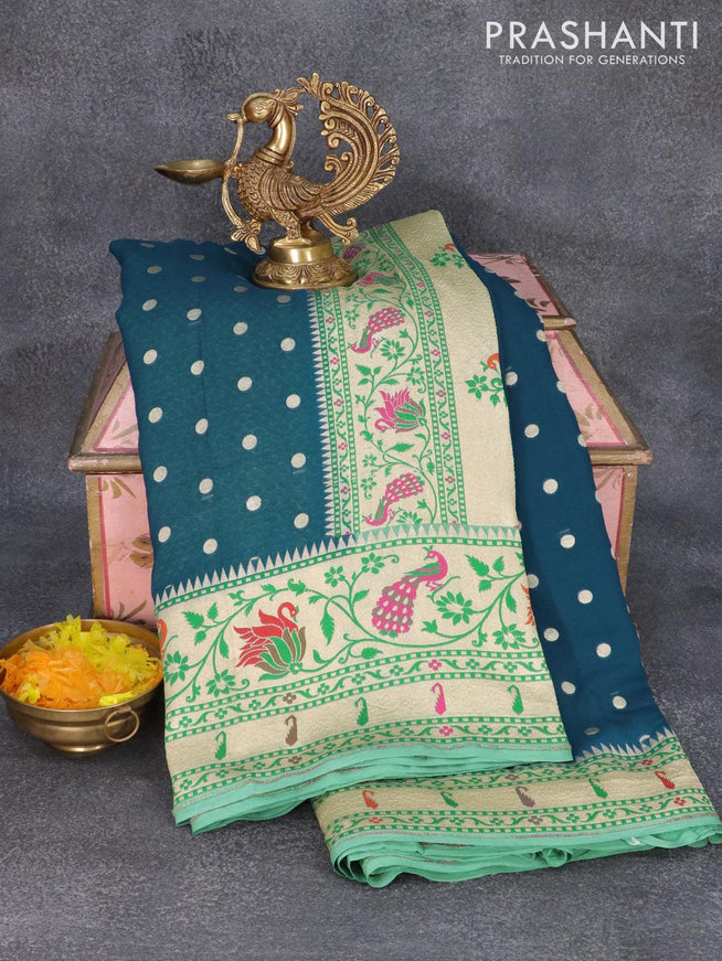 Pure banarasi georgette saree peacock blue and passtel green with zari woven buttas and zari woven peacock & floral design paithani boder - {{ collection.title }} by Prashanti Sarees