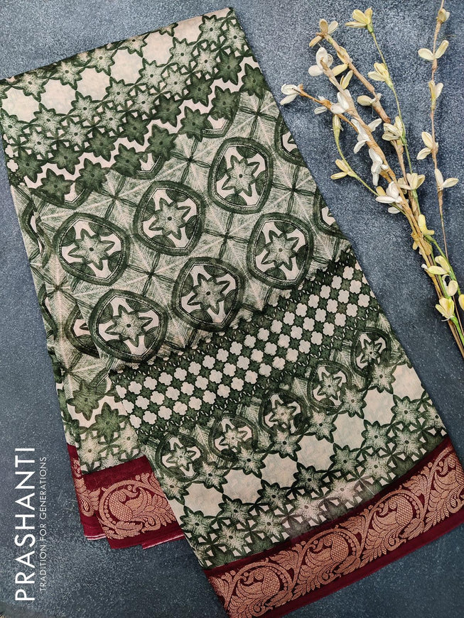 Pure chanderi silk cotton saree beige green and maroon with allover prints and woven border - {{ collection.title }} by Prashanti Sarees