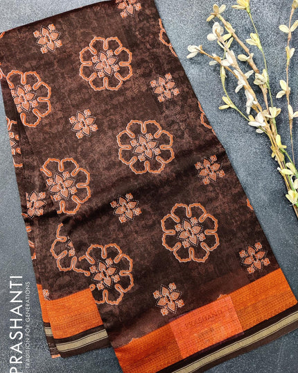 Pure chanderi silk cotton saree brown and orange with allover prints and small zari woven border - {{ collection.title }} by Prashanti Sarees