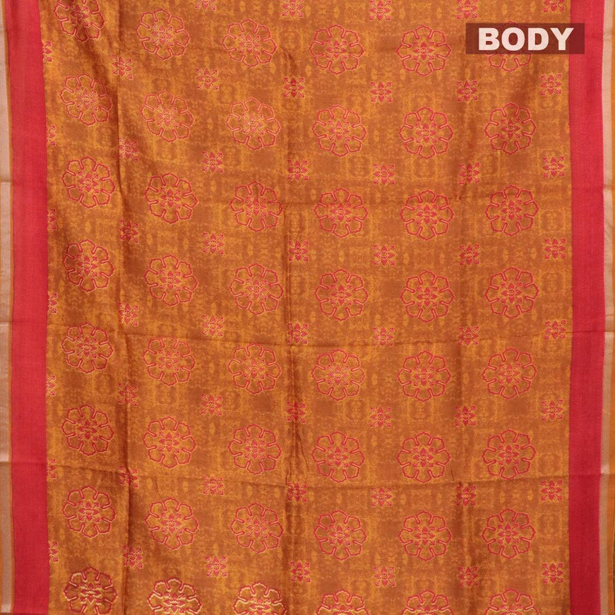 Pure chanderi silk cotton saree dark mustard and red with allover prints and small zari woven border - {{ collection.title }} by Prashanti Sarees