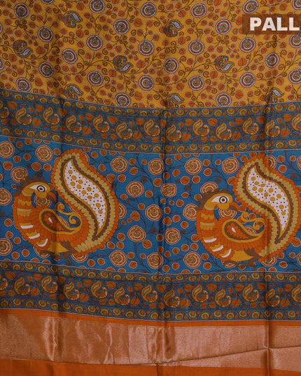 Pure chanderi silk cotton saree mustard yellow and orange with kalamkari prints and temple zari woven border - {{ collection.title }} by Prashanti Sarees