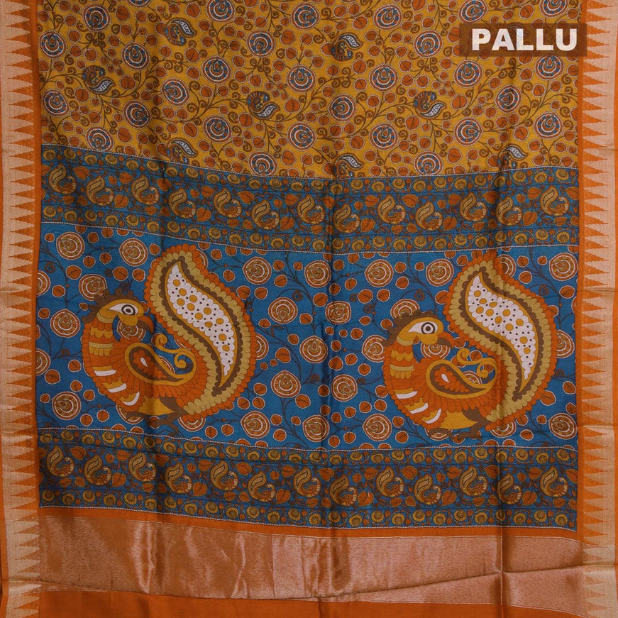 Pure chanderi silk cotton saree mustard yellow and orange with kalamkari prints and temple zari woven border - {{ collection.title }} by Prashanti Sarees