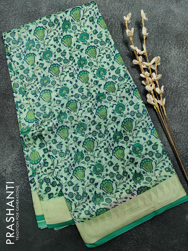 Pure chanderi silk cotton saree pastel green and teal blue with allover floral prints and temple zari woven border - {{ collection.title }} by Prashanti Sarees
