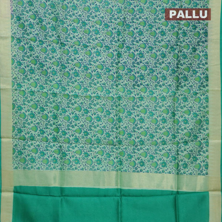 Pure chanderi silk cotton saree pastel green and teal blue with allover floral prints and temple zari woven border - {{ collection.title }} by Prashanti Sarees