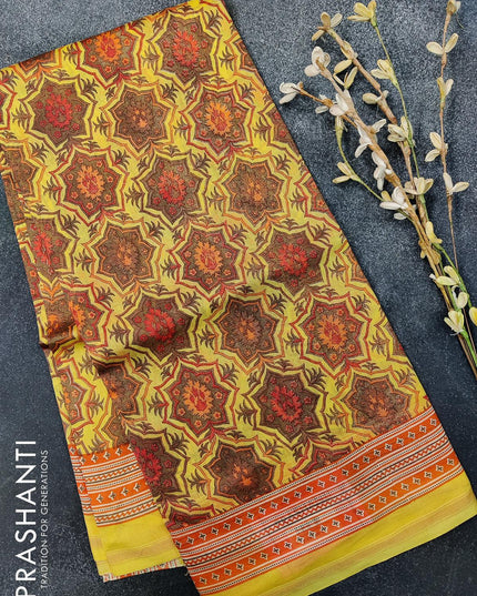 Pure chanderi silk cotton saree yellow and orange with allover prints and small zari woven border - {{ collection.title }} by Prashanti Sarees