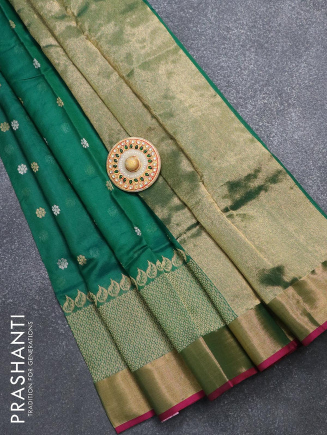 Pure chanderi silk saree green and pink with silver & gold zari woven floral buttas and long zari woven border - {{ collection.title }} by Prashanti Sarees