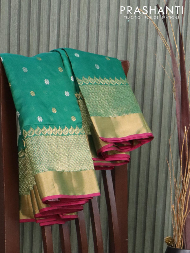 Pure chanderi silk saree green and pink with silver & gold zari woven floral buttas and long zari woven border - {{ collection.title }} by Prashanti Sarees