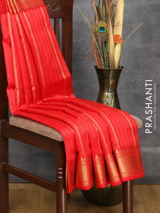Pure chanderi silk saree red with allover zari weaves and temple design zari woven border - {{ collection.title }} by Prashanti Sarees