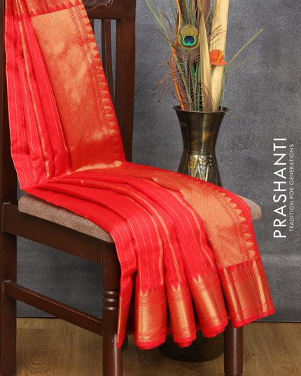 Pure chanderi silk saree red with allover zari weaves and temple design zari woven border - {{ collection.title }} by Prashanti Sarees
