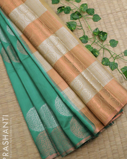 Pure dupion silk saree teal green with zari woven buttas and copper zari woven piping border - {{ collection.title }} by Prashanti Sarees